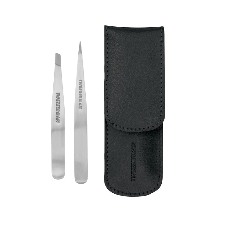 TWEEZERMAN Pinzetten Set mit Leder-Etui aus Rostfreiem Edelstahl, Schräge und Spitze Ausfürhung, Sch