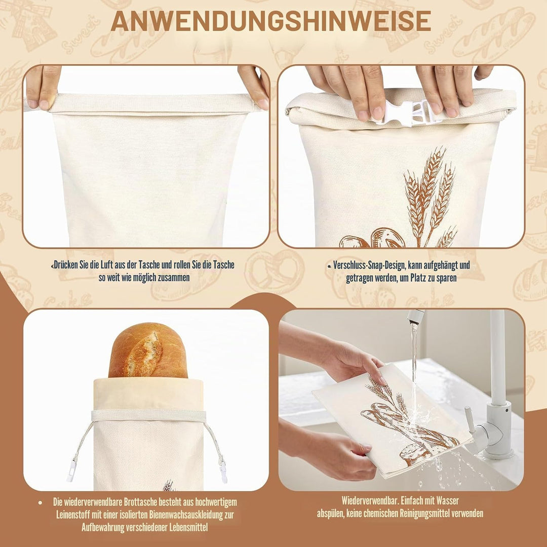 2 Stück 70 * 20cm Brotbeutel mit Bienenwachstuch Innenfutter Wiederverwendbare Brottüten Brot Obst G