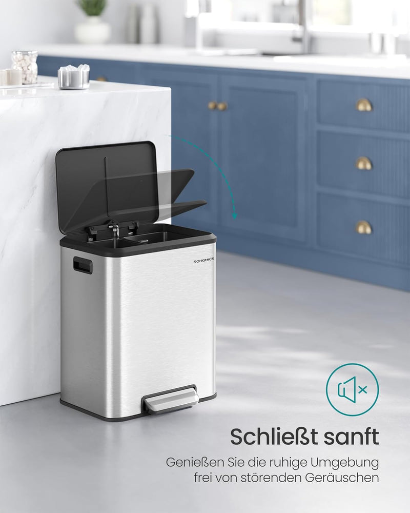 SONGMICS Mülleimer Küche, Mülltrennsystem 2 x 15 L, 2 Fächer für Recycling und Restmüll, Abfalleimer