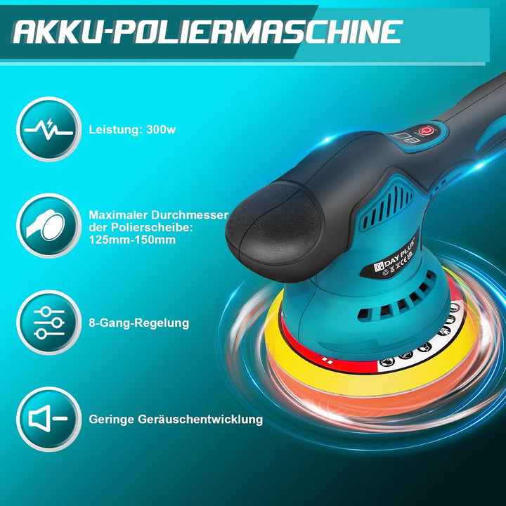 Poliermaschine 12V Akku Exzenter Polierer 2800-5500RPM, 12mm Exzenter Akku Poliermaschine mit LCD-Bi