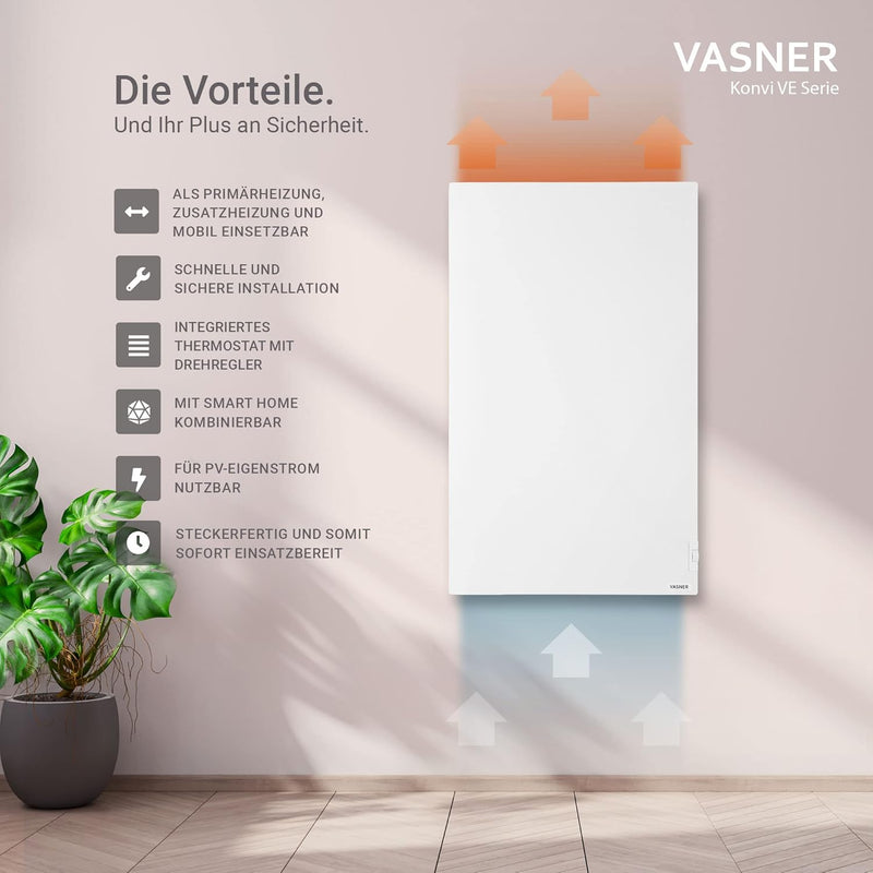 VASNER Konvi VE Hybridheizung vertikal – Hybrid Elektroheizung mit Thermostat, vertikales Design, 90