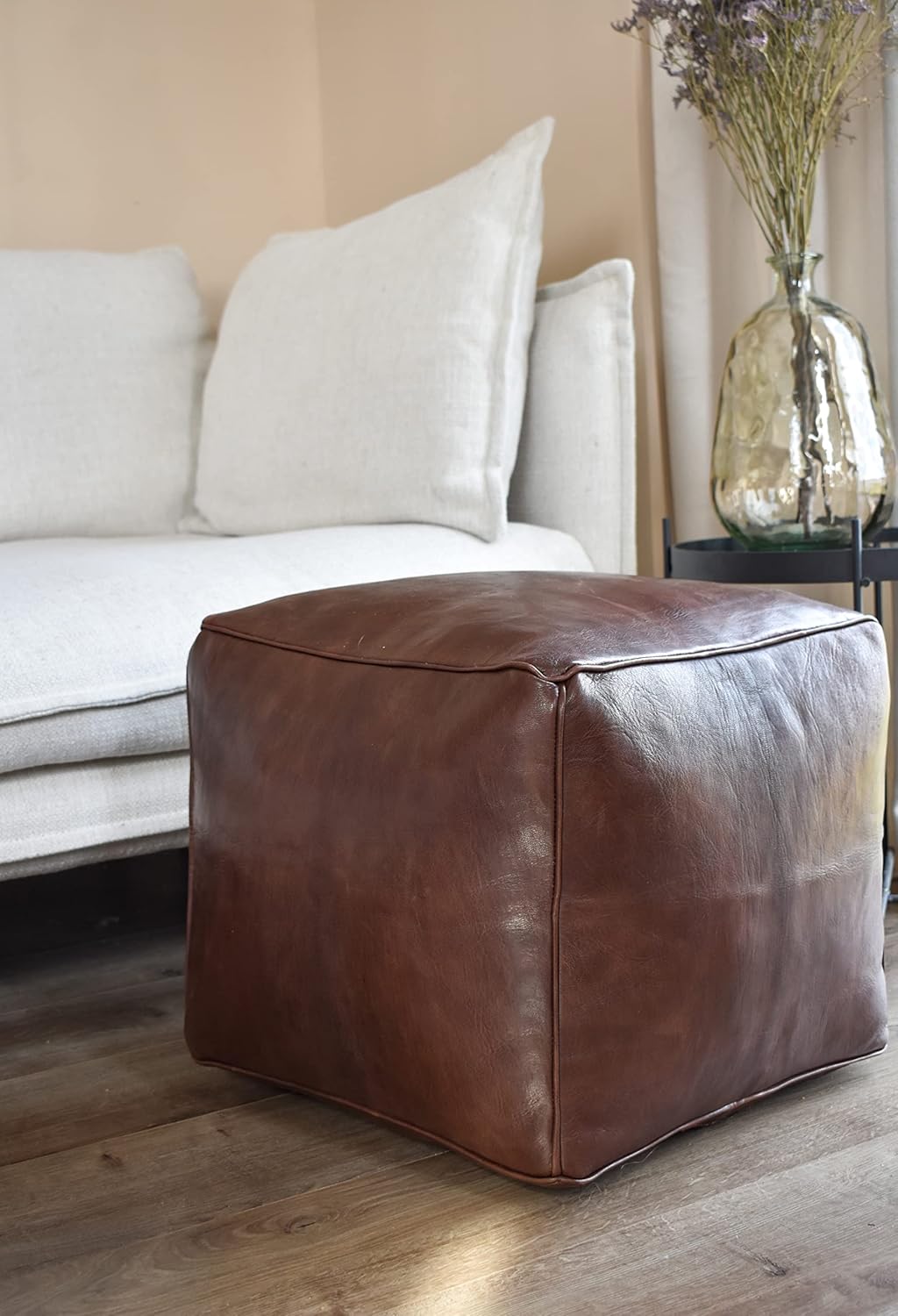 See the Good Quadratischer Leder Pouf - Handgefertigt - gefüllt geliefert - Ottoman, Sitzsack, Fussh