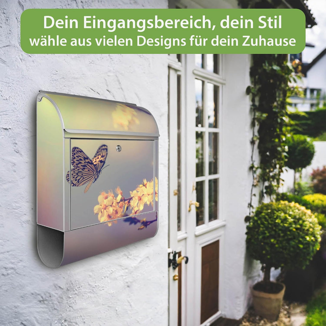 banjado® Design Briefkasten mit Motiv Tag Im Mai 39x47x14cm &amp; 2 Schlüssel - Briefkasten Stahl Silber