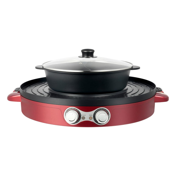 Elektrischer Hot Pot Grill 2-in-1, 2200W, Rund, Antihaft-Beschichtung, Rot, 44cm Durchmesser, Abnehm