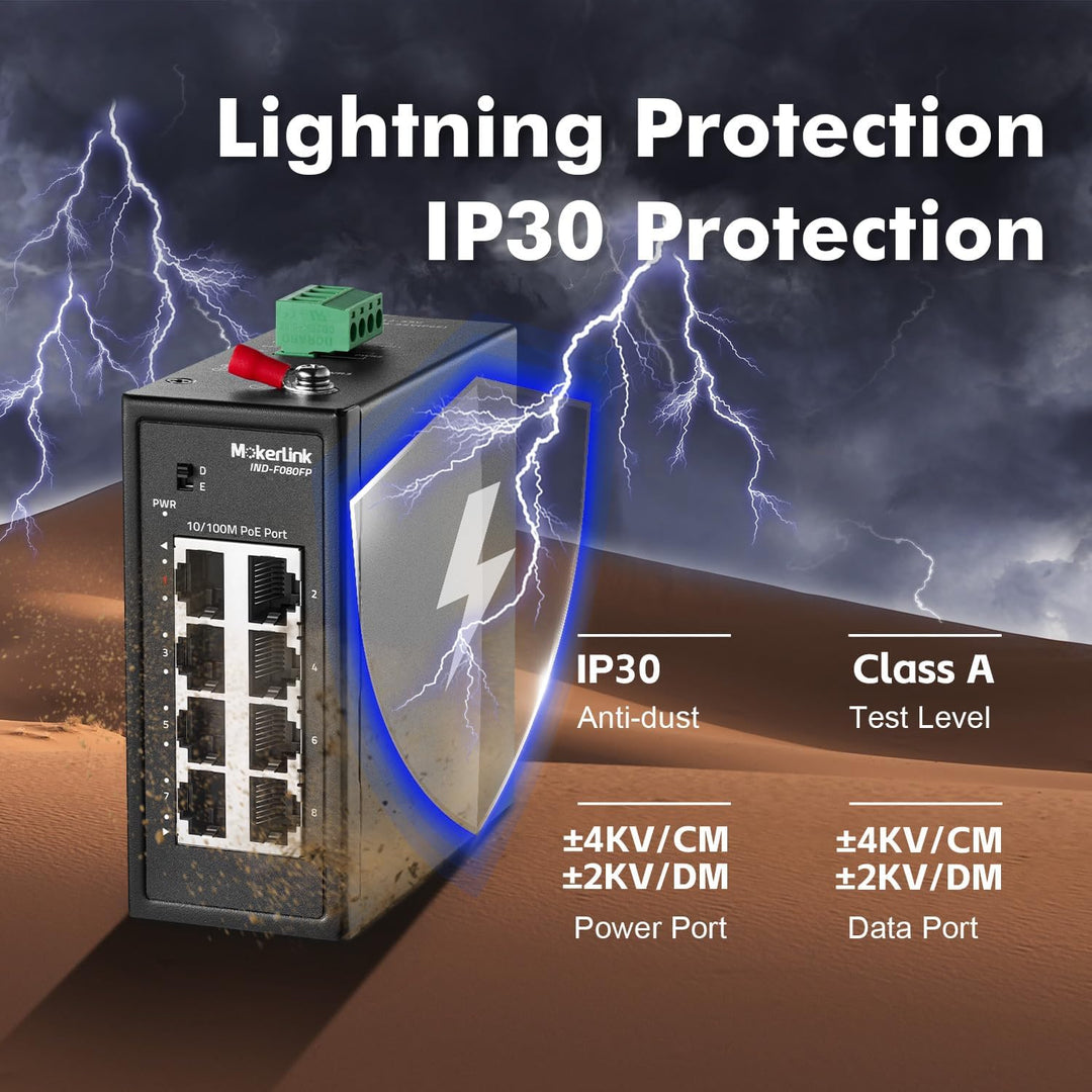 MokerLink 8-Port-PoE-Industrie-DIN-Schienenschalter, 8 PoE+ IEEE802.3af/at, 10/100 Mbit/s Fast Ether