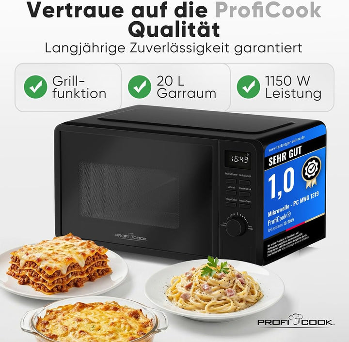 ProfiCook® Mikrowelle mit Grill | 800 Watt Grill | 20L | 8 Automatikprogramme | Timer | inkl. Drehte