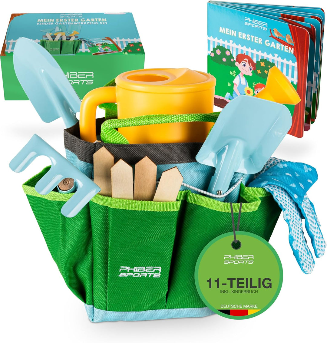 PHIBER-SPORTS Kinder Gartenwerkzeug Set (11 Teile) mit Kindergartenbuch - Gartengeräte für Kinder ab