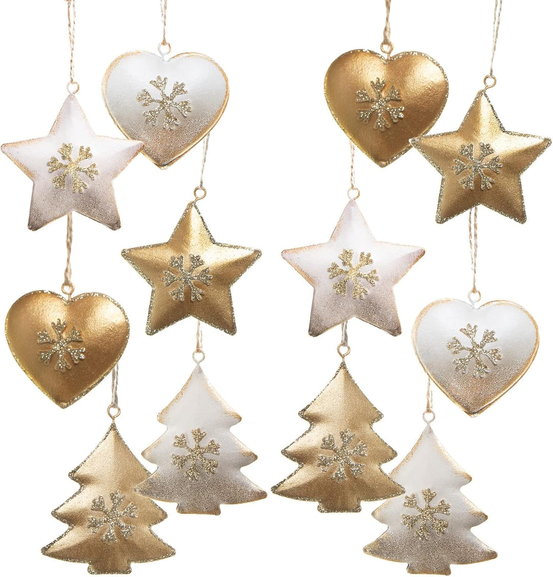 Logbuch-Verlag 12 Weihnachtsbaumanhänger Sterne Herzen Bäume aus Metall Gold weiss 5 cm - Weihnachts