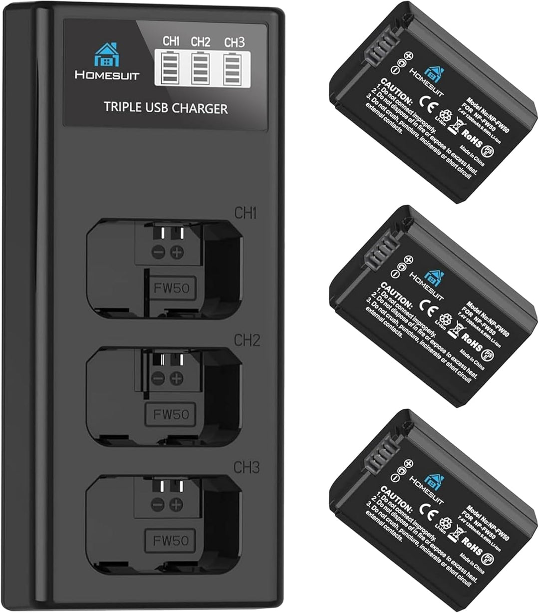 Homesuit NP-FW50 Akku 1300mAh und DREI Schlitze LCD Ladegerät Kit für Sony ZV-E10, Alpha A6000, A650