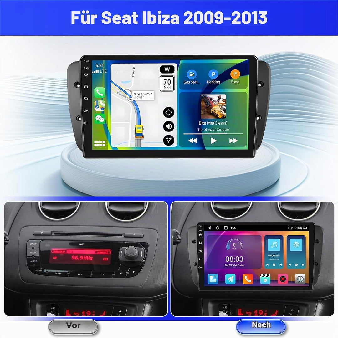 Android 15 Radio für Seat Ibiza 2009-2013 2+64G mit Wireless CarPlay Android Auto, 9 Zoll Bildschirm
