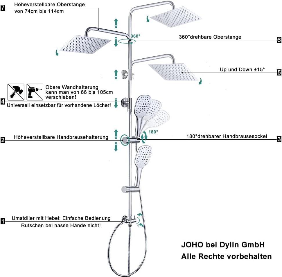 JOHO Duschset ohne Armatur, chrom, Edelstahl Duschsystem, Regendusche set, Überkopfbrause set, Dusch