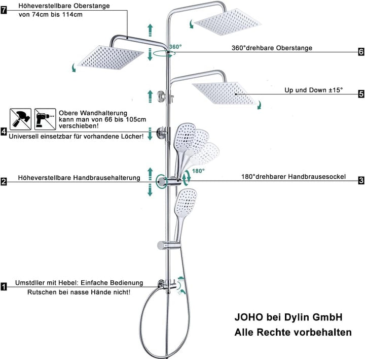 JOHO Duschset ohne Armatur, chrom, Edelstahl Duschsystem, Regendusche set, Überkopfbrause set, Dusch