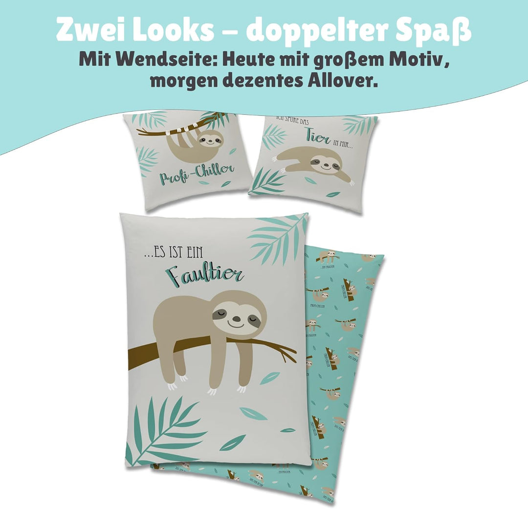 Familando Faultier Bettwäsche-Set 135x200 cm + Kissen 80x80 cm · Profi-Chiller · Kinder-Bettwäsche 1