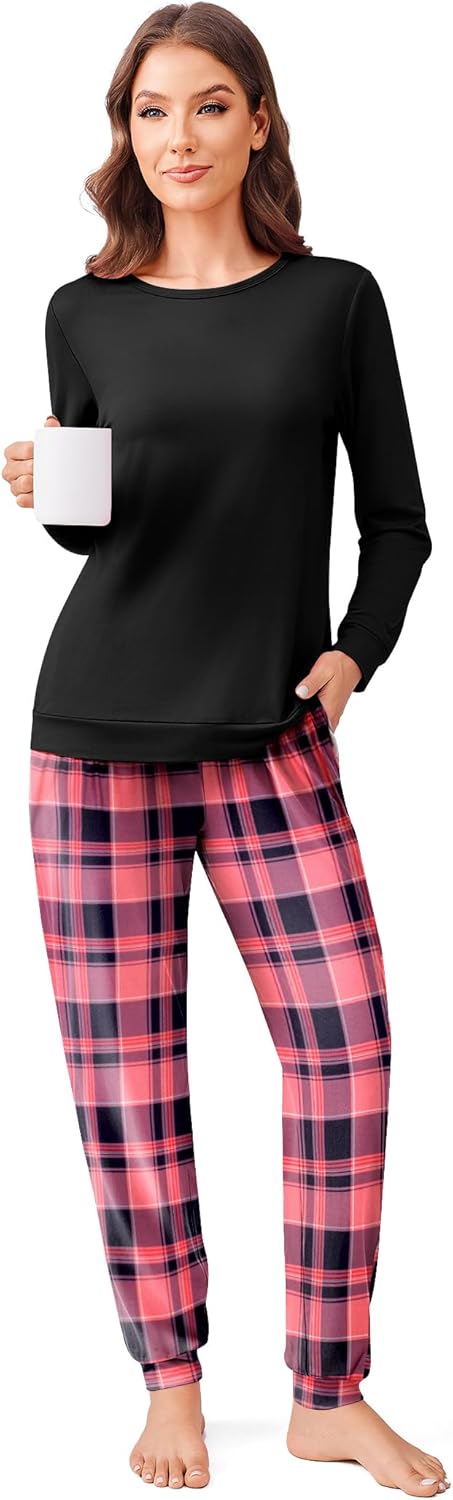 Ekouaer Schlafanzug Damen Lang Kuschelig Pyjama Set mit Bündchen Kariert Pyjamahose mit Tasche Rosa