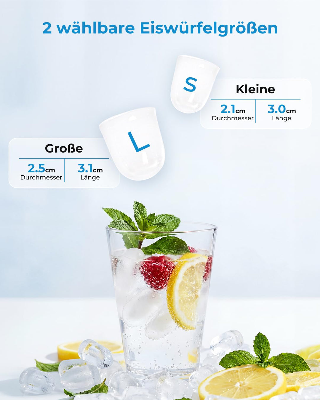Tragbare Eiswürfelmaschine mit Schublade – Schnelles Kugeleis in 6 Min (12kg/24h), 2 Grössen, Selbst