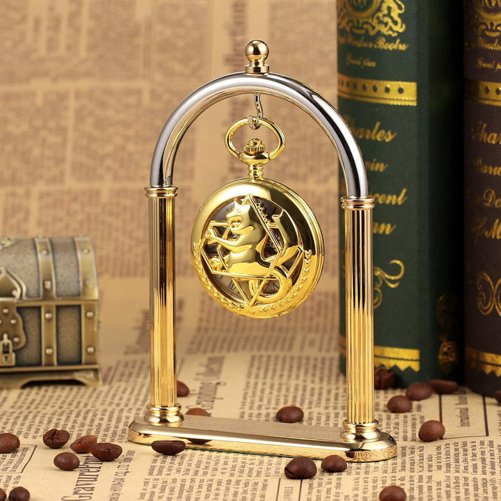 TREEWETO Unisex Taschenuhr Mechanisch Doppelter Abdeckung Fullmetal Alchemist Skelett Steampunk Für