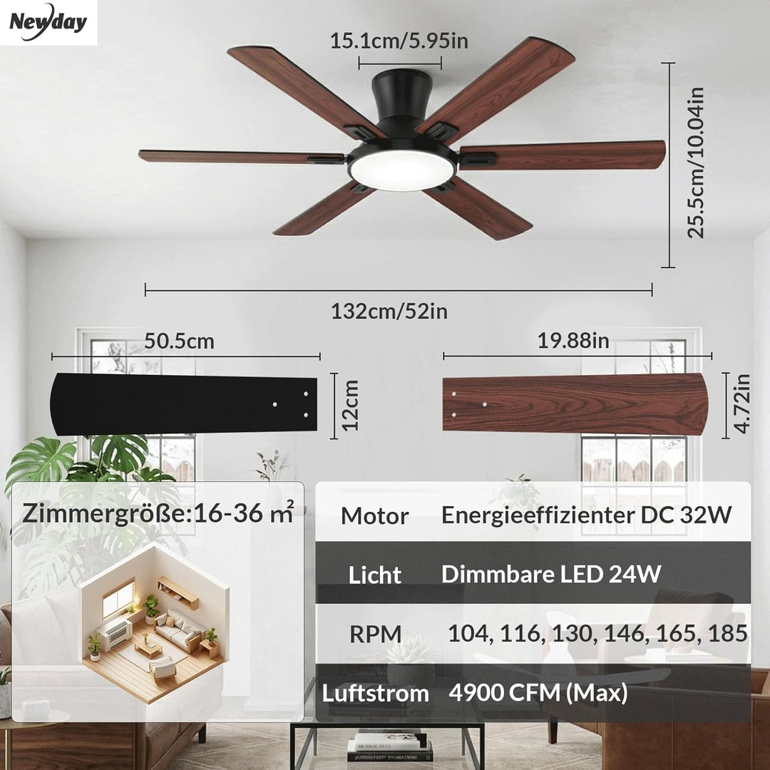 Newday Deckenventilatoren Flach Holz mit 6 Flügel, 132cm Gross Deckenventilator mit Beleuchtung und