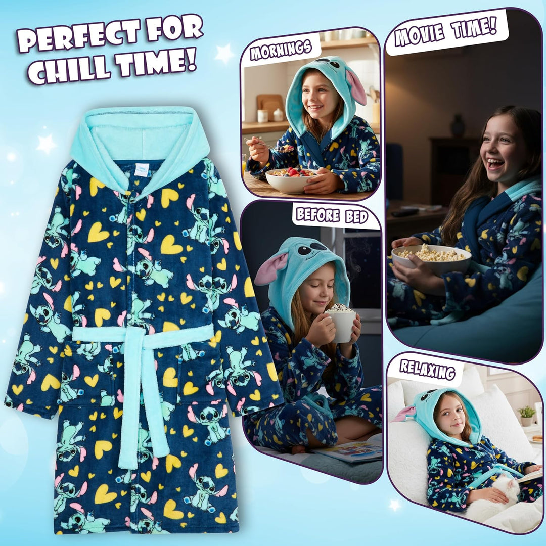 Get Trend Bademantel Mädchen, Flauschig mit Prints von Stitch und Angel, Barbie, Disney Prinzessinne