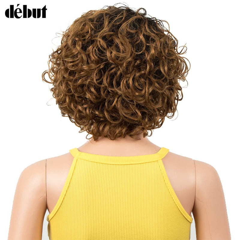 DÉBUT Kurze Bob Perücke mit Air Bangs Kurze lockige gewellte Echthaar Bob Perücke für Damen 25 cm 12