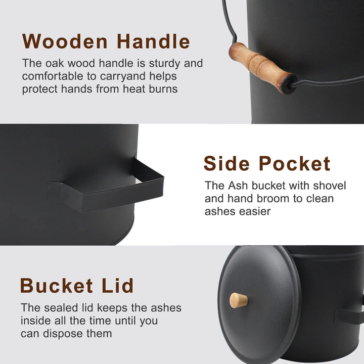 BRIAN & DANY Ascheeimer mit Deckel, Runder Kohleeimer für Kamine, 15L Eimer mit Schaufel und Handbes