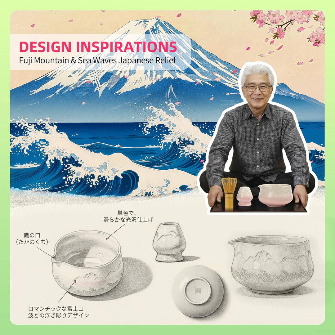 TEANAGOO Matcha Schale mit Ausgiesser,2-Pcs Fuji Design Keramik Schale und Schneebesen Halter(chawan