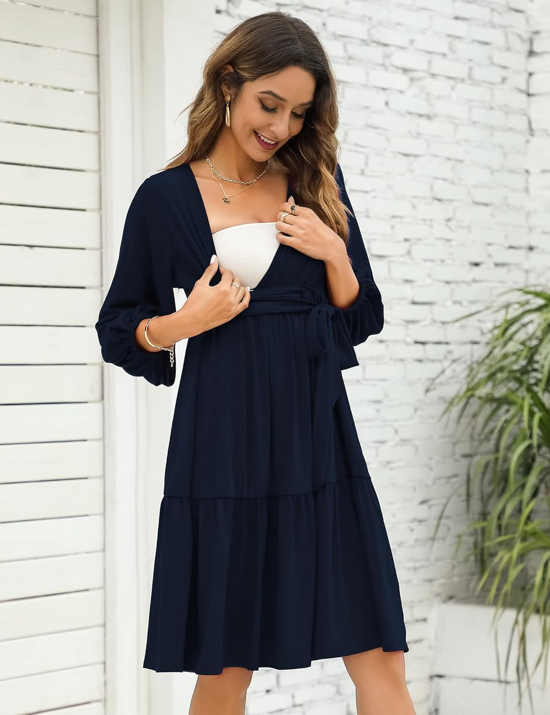 KOJOOIN Damen Umstandskleid V-Ausschnitt 3/4 Ärmel Stillkleid Rüschen Schwangerschafts Kleider mit G