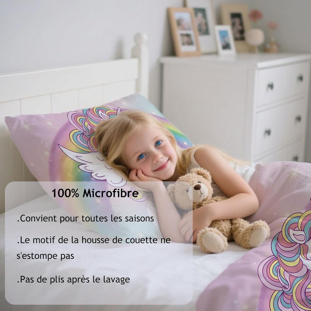 Bettbezug 90 x 190 cm, für Kinder, Mädchen, Bettwäsche für Einzelbett, Rosa, Regenbogen, Einhorn – M