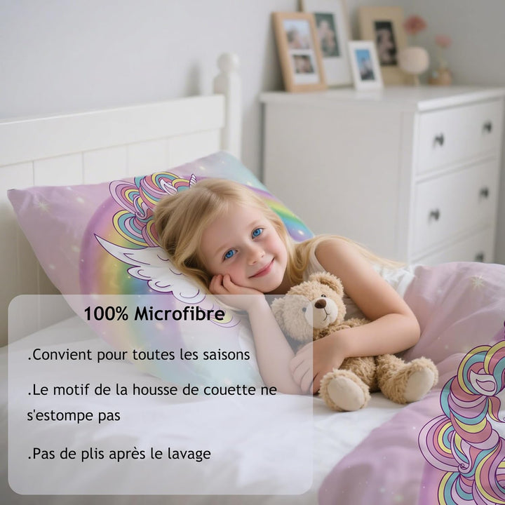 Bettbezug 90 x 190 cm, für Kinder, Mädchen, Bettwäsche für Einzelbett, Rosa, Regenbogen, Einhorn – M