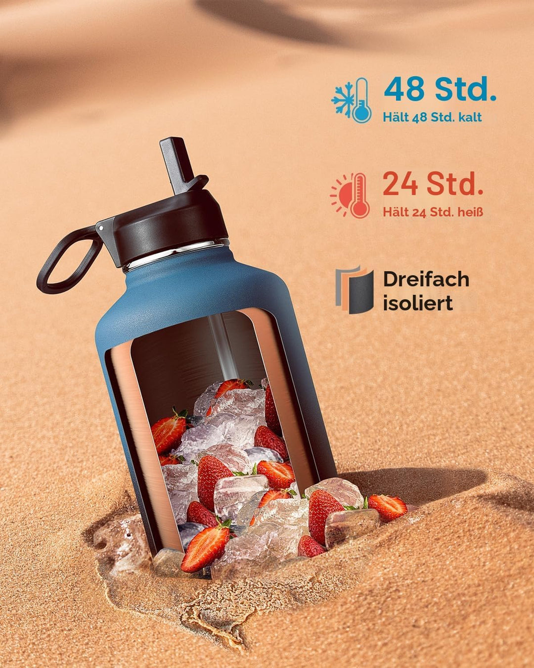 Coolflask Isolierte Wasserflasche 2L, Wasserflasche mit Strohhalm & 3 Deckeln, Isolierte Trinkflasch