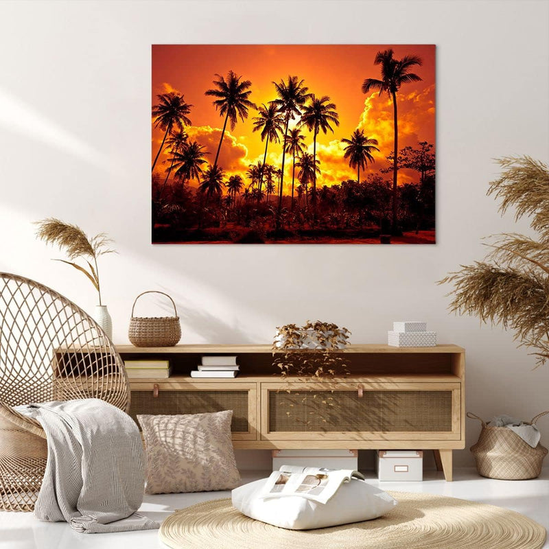 Bilder auf Leinwand 100x70cm Leinwandbild mit Rahmen Palmen Bäume Sonne Gross Wanddeko Bild Schlafzi