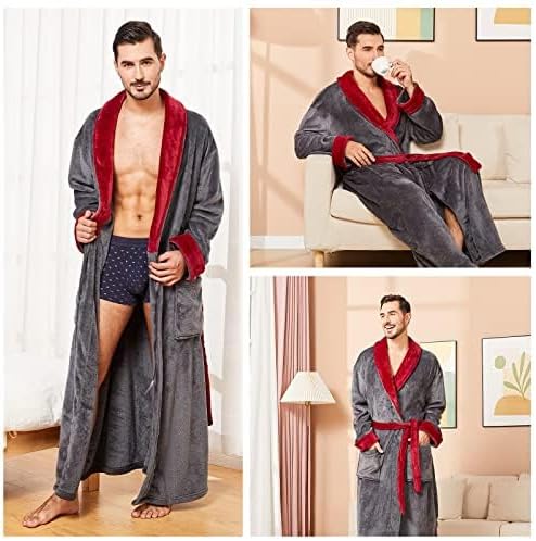 FashGudim Herren Bademäntel gross und gross in voller Länge Plüsch Fleece lange Robe Schal Kragen wa