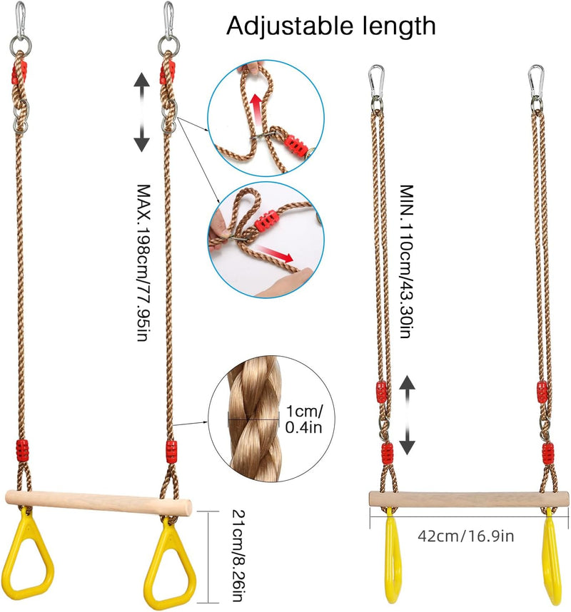 PELLOR Multifunktions Kinderholz Trapeze Schaukel mit Kunststoff Turnringe zum Aufhängen belastbar b