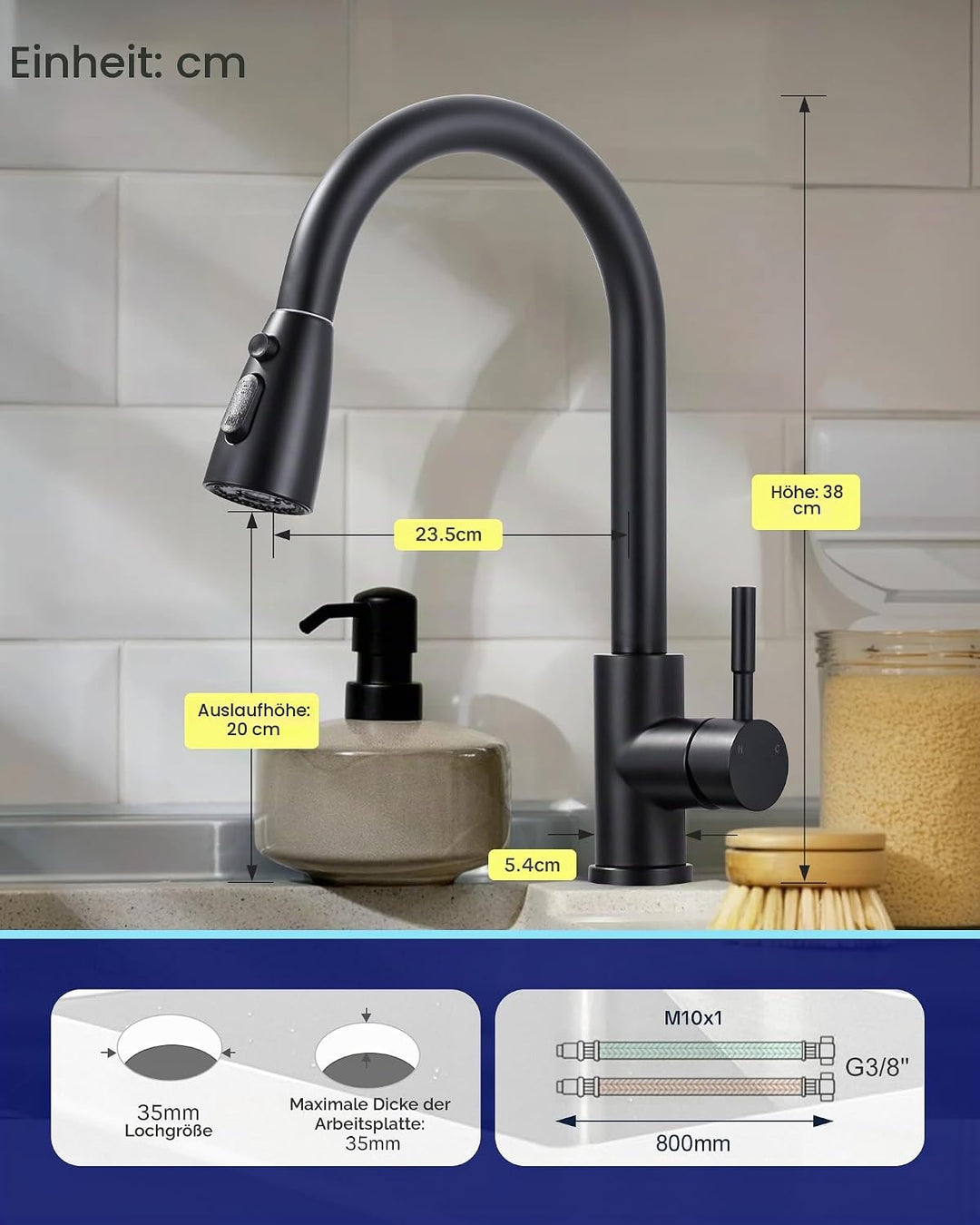 ARCORA Wasserhahn Küche, Hochdruck Küchenarmatur Ausziehbar aus Edelstahl mit M24 Aerator Wasserspar