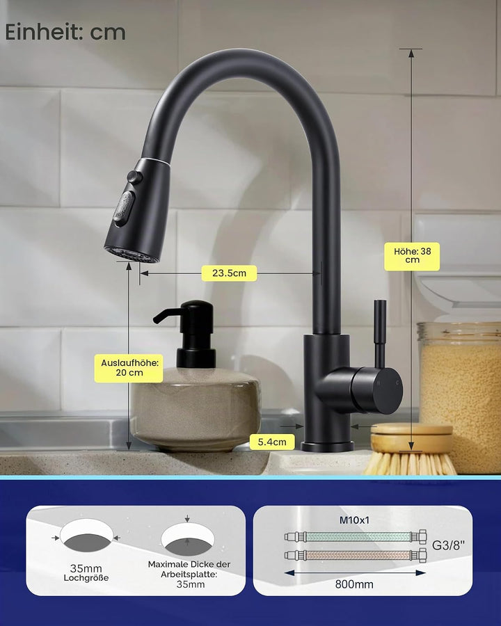 ARCORA Wasserhahn Küche, Hochdruck Küchenarmatur Ausziehbar aus Edelstahl mit M24 Aerator Wasserspar