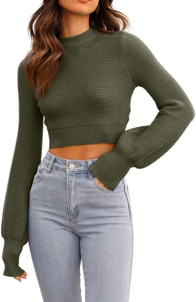 GeGekoko Damen Strickpullover Kurz Sexy Cropped Pullover mit Rundhalsausschnitt Herbst Winter Warmer