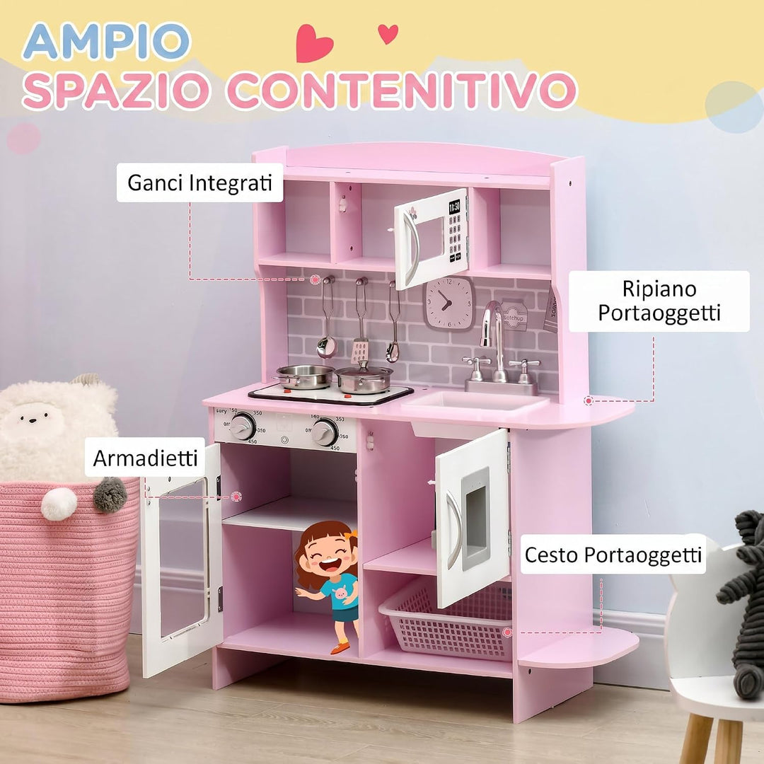 HOMCOM Holz-Spielküche mit Lichtern, Geräuschen, Stauraum, 3-6 J., Pink | Kinder-Küchen-Spielset, Wa