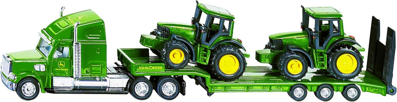 siku 1837, Tieflader mit 2 John Deere Traktoren, 1:87, Metall/Kunststoff, Grün, Klappbare Heckklappe