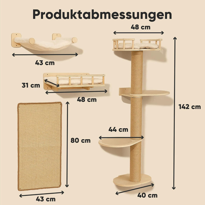 FUKUMARU Kletterwand Katzen-Set, 4 in 1 stabiles Wandmöbel aus mehrschichtigem Holz mit Hängematte,