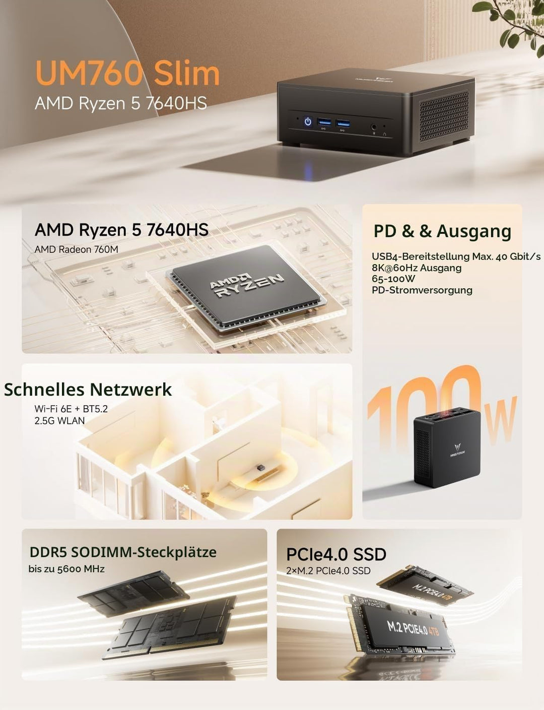 MINIS FORUM UM760 Slim Mini-PC, AMD Ryzen 5 7640HS Prozessor (6 Kerne / 12 Threads, bis zu 5,0 GHz),