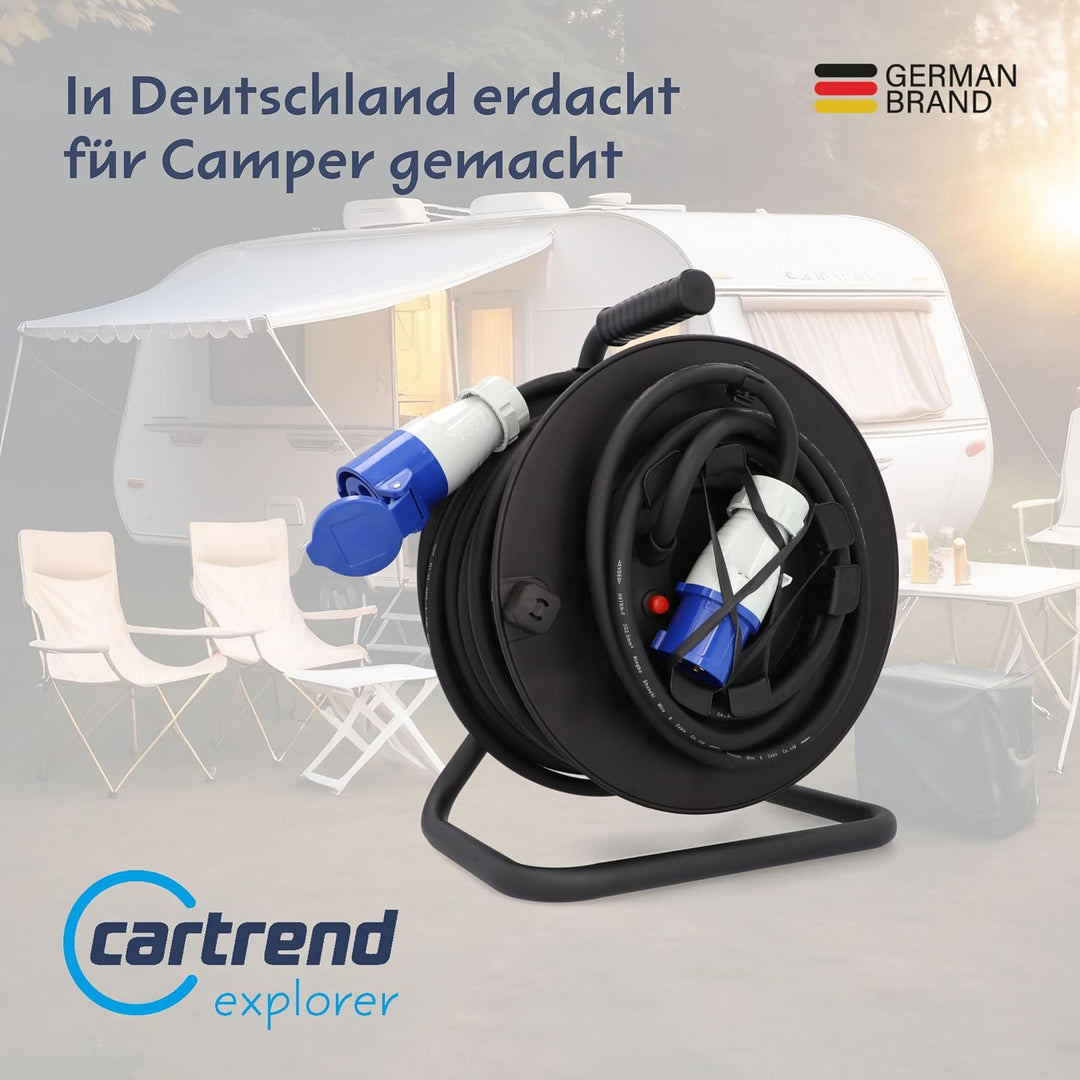 cartrend Explorer CEE Kabeltrommel mit 1 CEE-Stecker und 1 CEE-Kupplung, Verlängerungsleitung für da