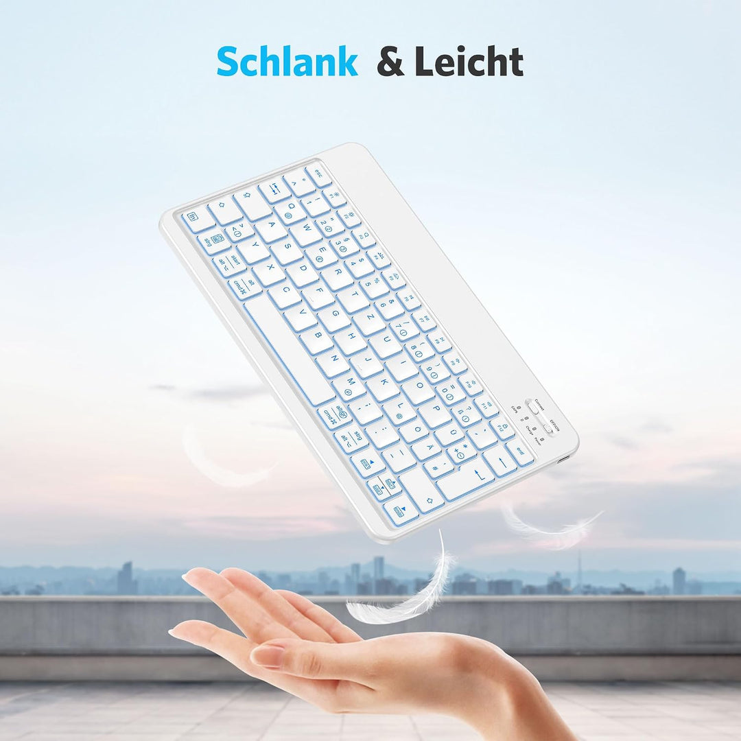 Emetok deutsche Bluetooth Tastatur für alle iPad-Modelle/iPhone/Android, Wiederaufladbar mit 7 Farbi