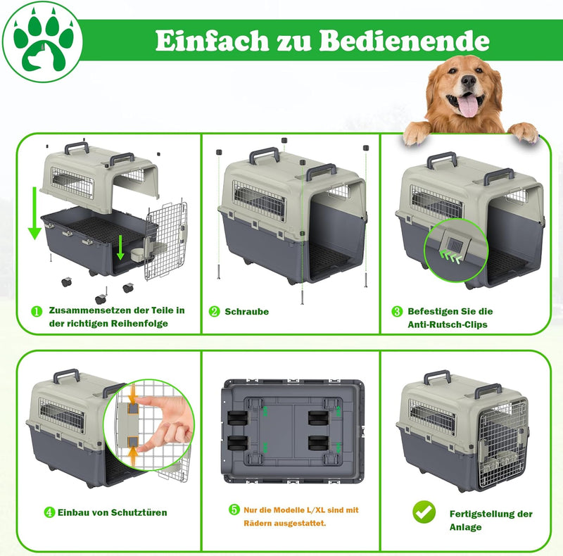 SUBTLETY Transportbox für Hunde & Katzen 67x51x58cm Kunststoff Flugzeugbox mit Handgriff, Futternapf