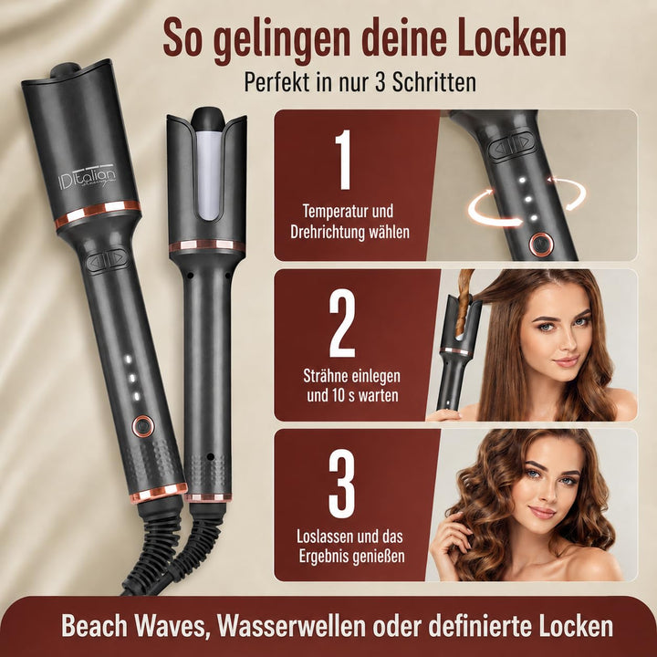 Italian Design MyTulip Automatischer Lockenstab – Hair Curler mit 3 Temperaturen (160–220 °C), Keram