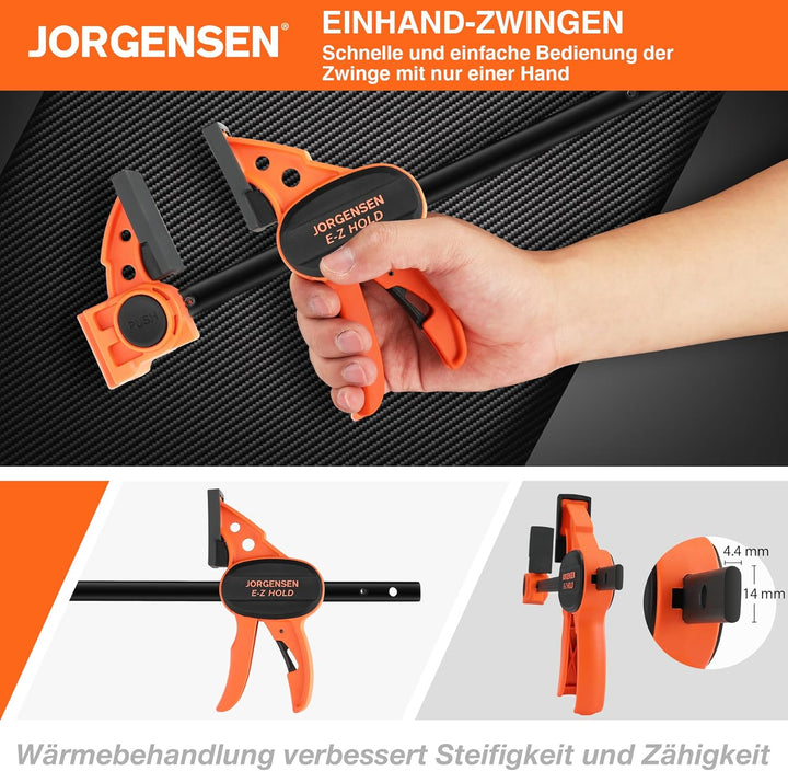 JORGENSEN Einhandzwingen 4 Stück, Profi Schraubzwingen Set 2 in 1 kombinierbar zum Spannen Dehnen, S