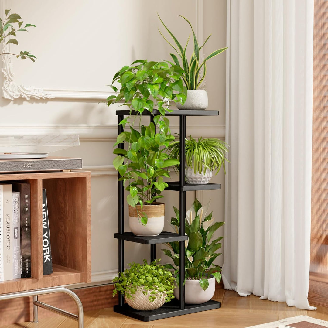 Bamworld Blumenständer aus Metall und Holz – Pflanzenständer mit 4 Ebenen, Pflanzenregal für Innenbe