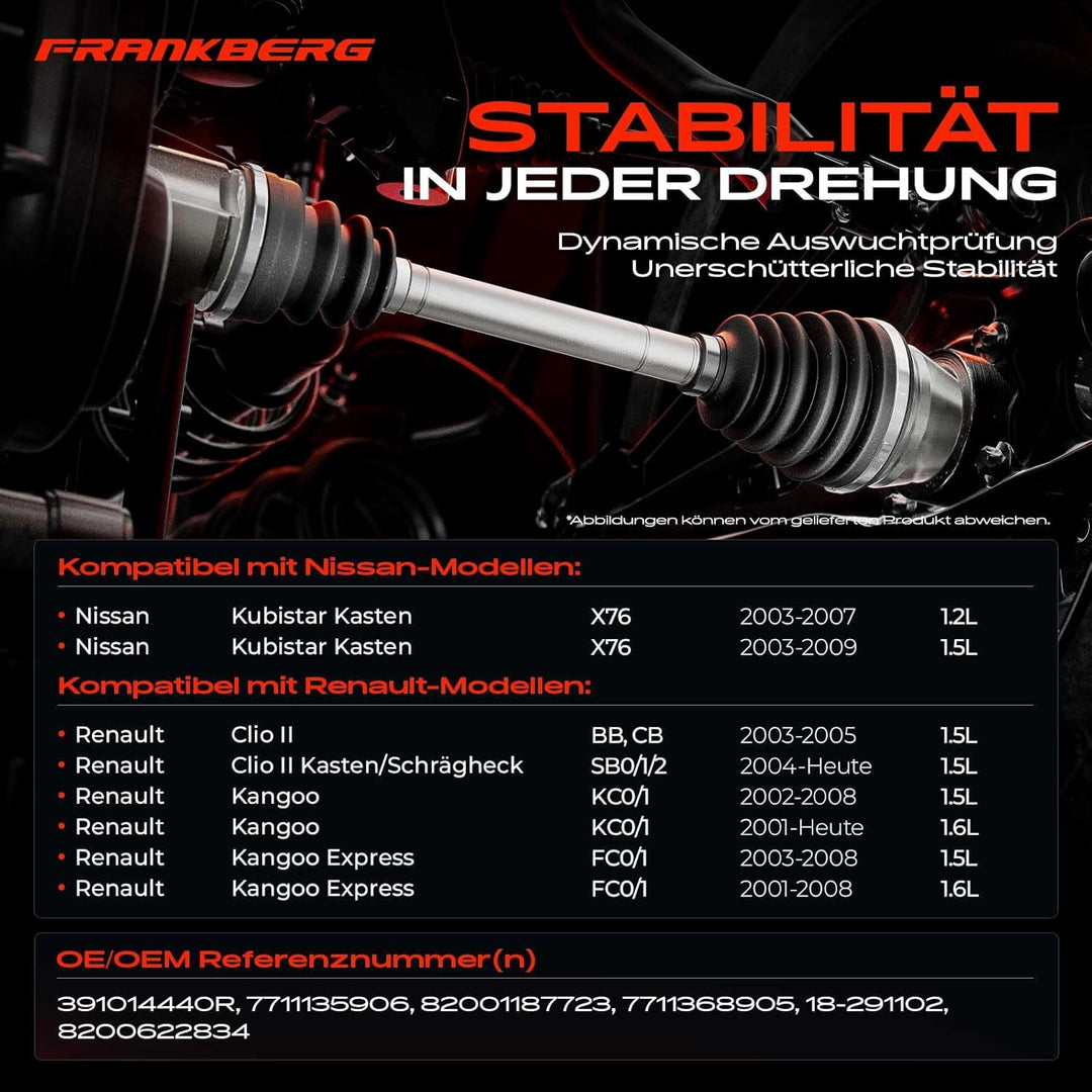 Frankberg Antriebswelle Vorne Links Kompatibel mit Clio II BB CB SB0/1/2 1.1L-1.9L 1999-Heute Kangoo