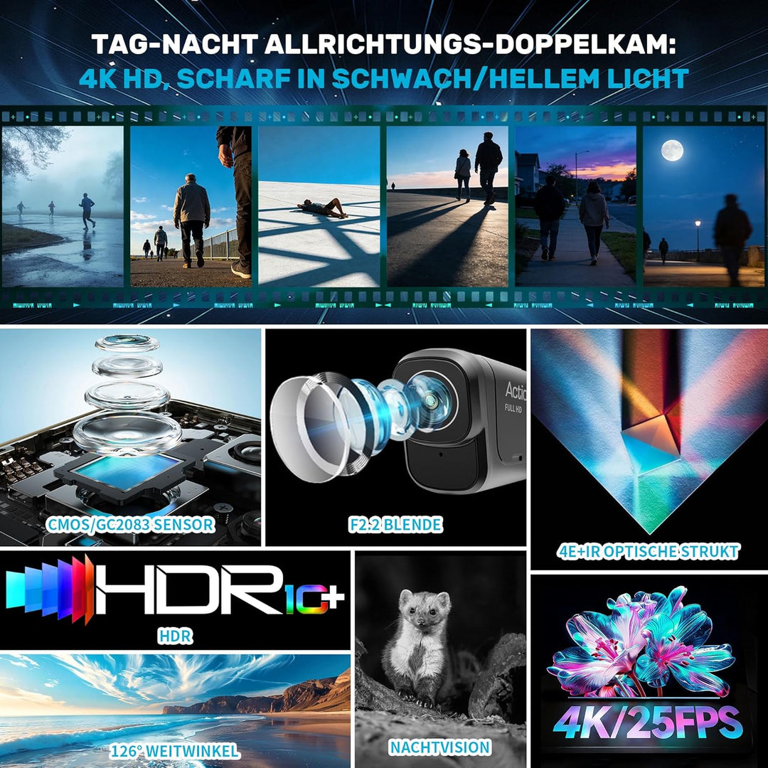 Dashcam Motorrad 4K+1080P,WiFi Dashcam Auto vorne hinten mit GPS,HDR,6 Stunden grosser Akku Action C