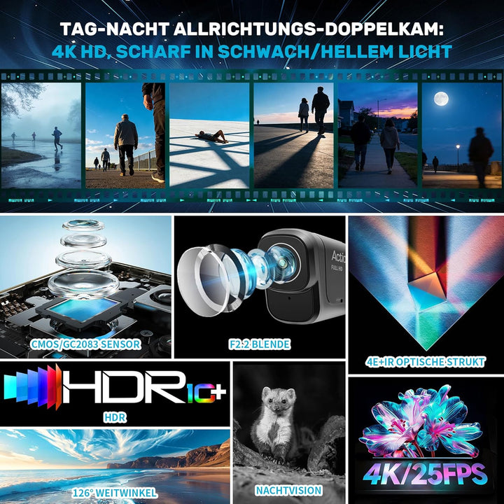 Dashcam Motorrad 4K+1080P,WiFi Dashcam Auto vorne hinten mit GPS,HDR,6 Stunden grosser Akku Action C