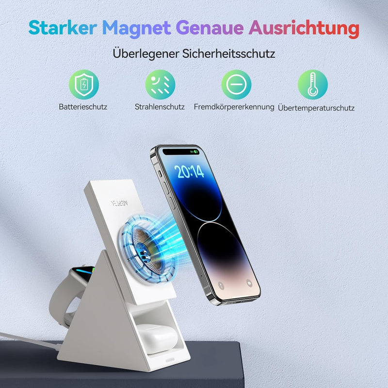 Mag-Safe Ladestation, AGPTEK 3 in 1 Wireless Charger, 15W Qi induktive Ladestation, Kabelloses Ladeg