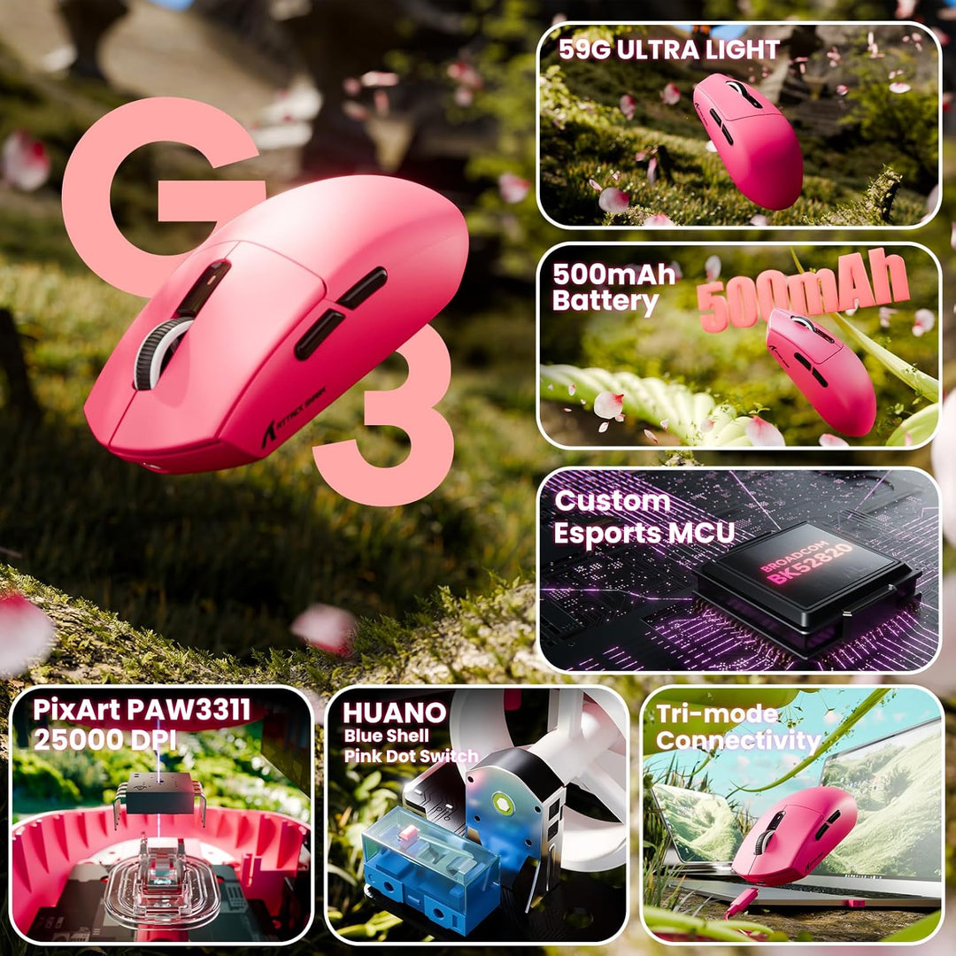 ATTACK SHARK G3 Kabellose Gaming-Maus, 25000 DPI, PAW3311-Sensor, 59g Superlight G305 Gamer-Mäuse, 8